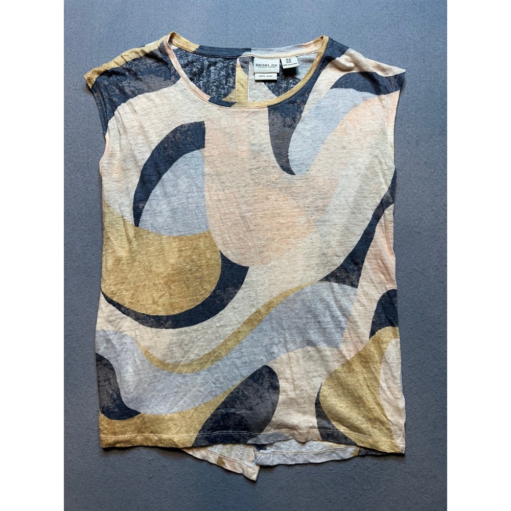 Rachel Zoe 100% Linen Abstract Swirl Knit Sleeveless Top Tan Blue Medium - 121